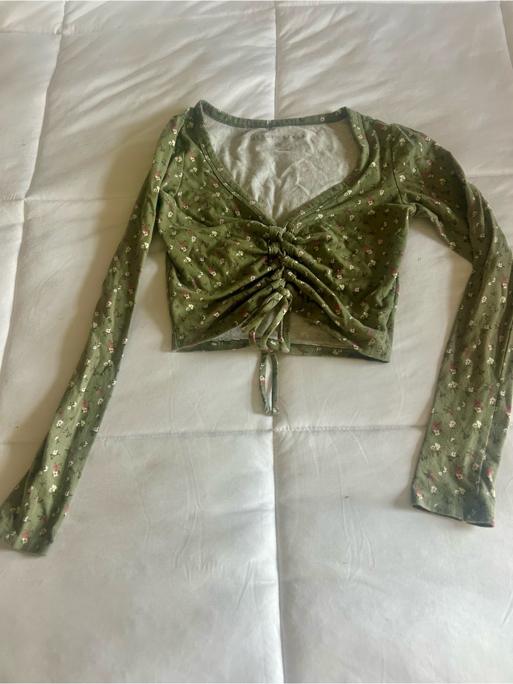 Aeropostale Olive Green Floral Ruched Drawstring Crop Top